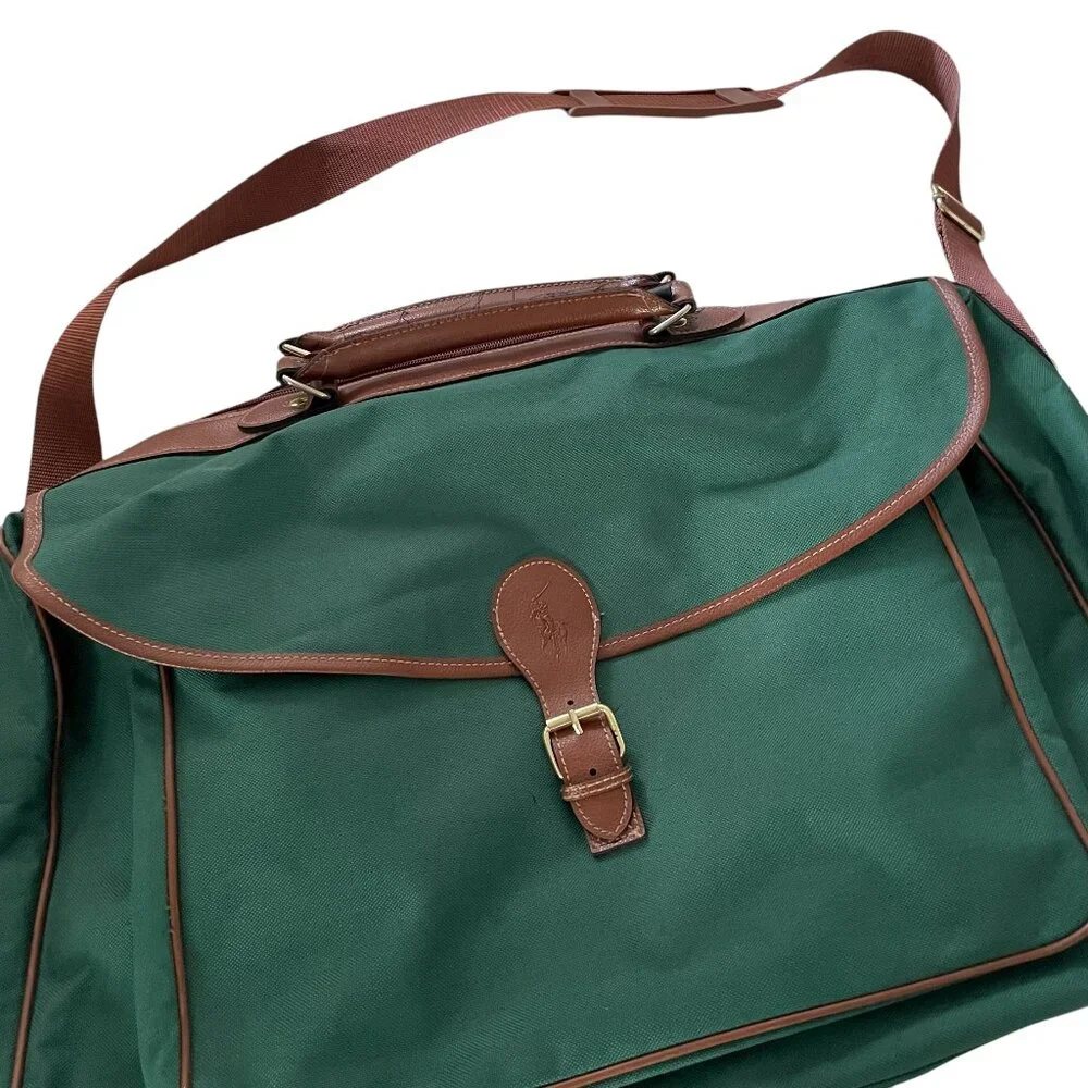 Vintage 90s Ralph Lauren Weekender Messenger Bag Green Faux Leather Trim Strap